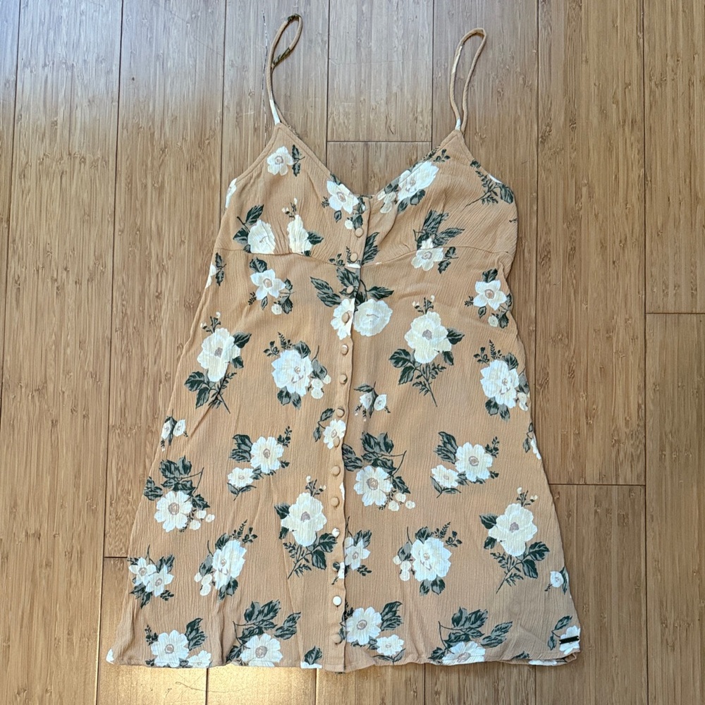 Volcom Beige Smocked Cami Dress with White Flowers and Green Leaf Accents